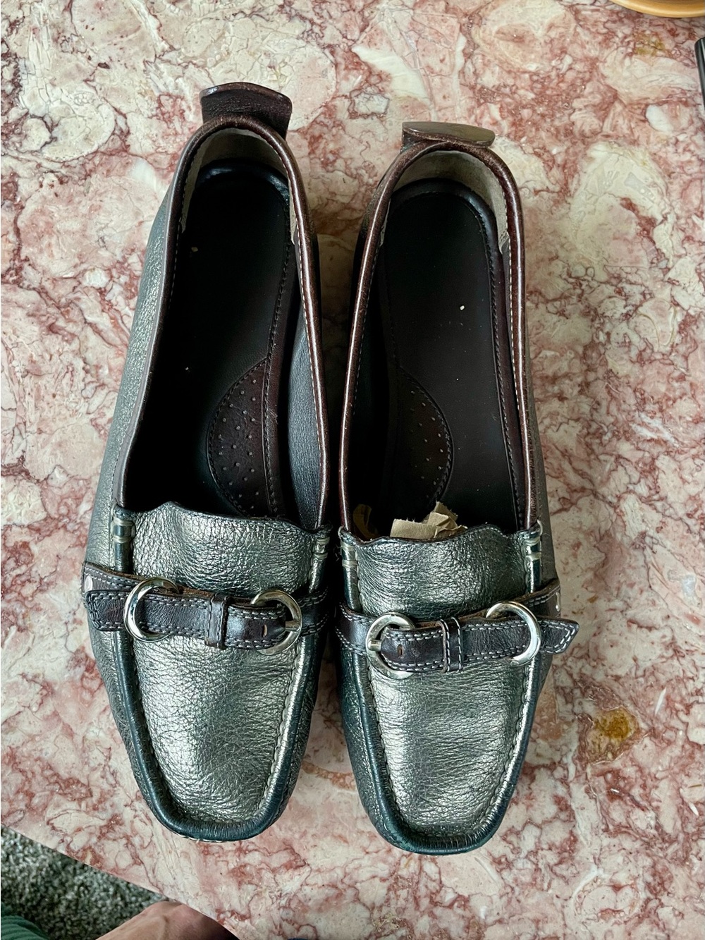 Sz 10 Coach Metallic Greenish Bronze With Brown Trim Leather Women's Loafers